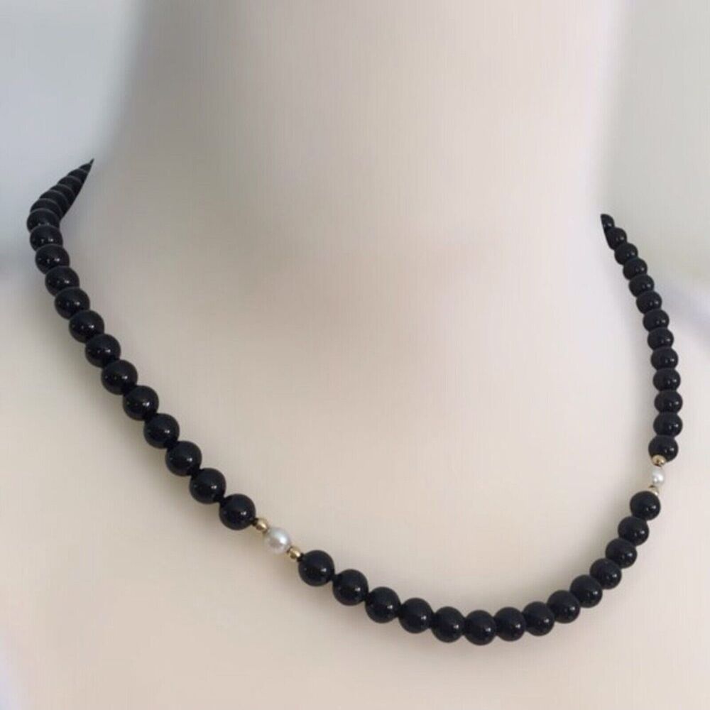 Vintage Imperial-Deltah Onyx Bead Necklace 14K Gold Clasp Pearls Signed IPS